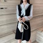 Set: Long-sleeve Tie-neck Shirt + Midi A-line Pinafore Dress As Shown In Figure - One Size