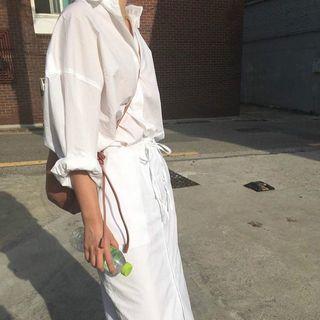 V-neck Elastic-waist Shirtdress White - One Size