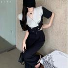 Short-sleeve Sailor Collar Cropped Blouse / Wide Leg Pants