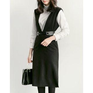 V-neck Pinafore Dress With Belt
