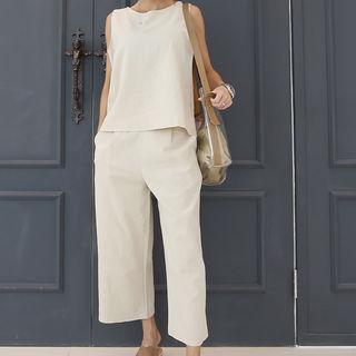 Set: Sleeveless Linen Blend Top + Wide-leg Pants