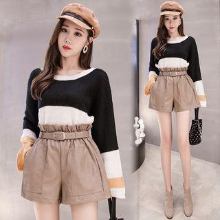 Faux Leather Frill Trim Wide-leg Shorts