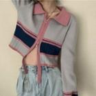 Colored Panel Knit Zipped Jacket As Shown In Figure - One Size