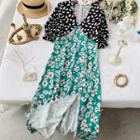Floral Short-sleeve Midi A-line Dress Black & Green - One Size