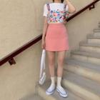 Short-sleeve T-shirt / Sleeveless Floral Top / Mini Skirt