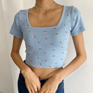 Floral Print Short-sleeve Cropped Knit Top