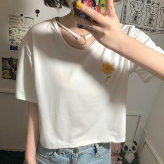 Short Sleeve Flower Print Cropped T-shirt