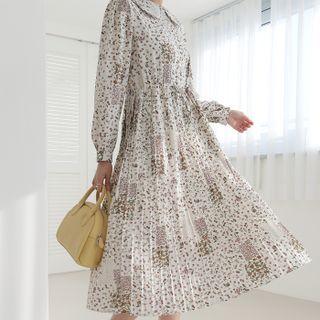 Collared Floral Long Pleated Dress