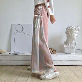 Boatneck Heart Embroidered Long-sleeve Blouse/ Lace-up Wide Leg Pants