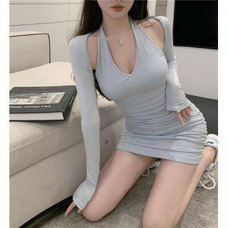 Long-sleeve Cropped Cardigan / Sleeveless Halter V-neck Mini Dress