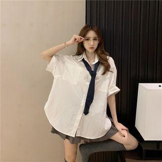 Pocket Detail Short-sleeve Shirt / High Waist Pleated Skirt