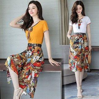 Set: Short-sleeve Top + Floral Midi Skirt With Belt