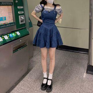 Denim Jumper Dress / Cropped Lace Puff-sleeve Top