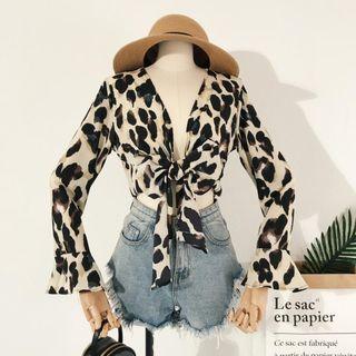 Leopard Print Long-sleeve Tie-front Top