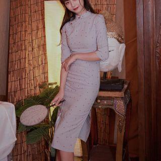 Elbow-sleeve Linen Qipao Dress