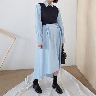 Set: Long-sleeve Midi Shirt Dress + Vest