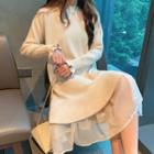 Long-sleeve Midi A-line Mesh Panel Knit Dress