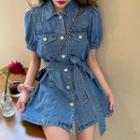 Tie-waist Short-sleeve Mini A-line Denim Shirtdress