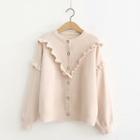 Wood Ear Trim Knit Long-sleeve Round-neck Sweater Jacket