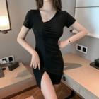 Short-sleeve Ruched Slit Mini Dress