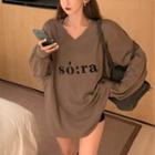 Long-sleeve Lettering Print V-neck T-shirt