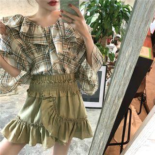 Plaid Ruffle Blouse / Irregular Frilled Skirt
