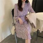 Floral Print Long-sleeve Mini A-line Dress Purple - One Size