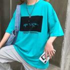 Elbow-sleeve Print T-shirt Aqua Green - One Size