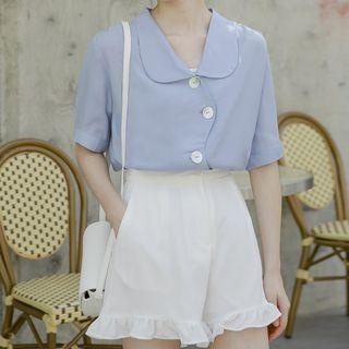 Elbow-sleeve Collared Button-up Blouse / Ruffled Shorts