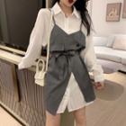 Mini Shirtdress / Asymmetrical Sleeveless Vest Dress With Sash