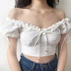 Short-sleeve Frill Trim Perforated Cropped Top