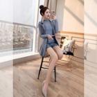 Set: Long-sleeve Mock Neck T-shirt + Sleeveless Faux Suede Belted Blazer + Shorts