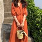 Elbow-sleeve Midi Shirt Dress As Shown In Figure - One Size