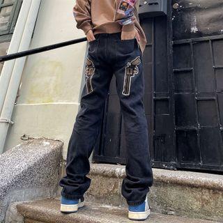 Gun Embroidered Wide Leg Jeans