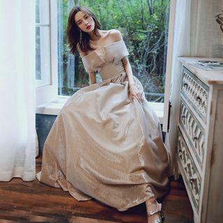 Off-shoulder Glittered A-line Evening Gown