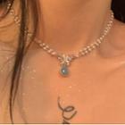 Butterfly Rhinestone Faux Pearl Pendant Choker Silver - One Size