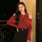 Cold-shoulder Mock Two-piece Sweater Red - One Size