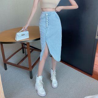 Fitted Slit-hem Denim Midi Skirt