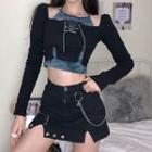 Long-sleeve Mock Two-piece Lace-up Crop Top