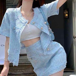 Elbow-sleeve Tweed Jacket / Mini A-line Skirt