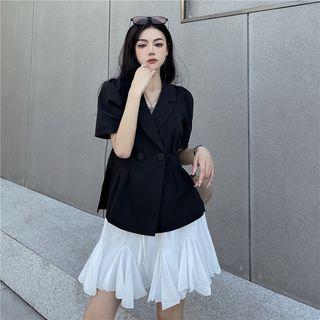 Short-sleeve Double-breasted Blazer / Ruffle Mini A-line Skirt
