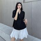 Short-sleeve Double-breasted Blazer / Ruffle Mini A-line Skirt
