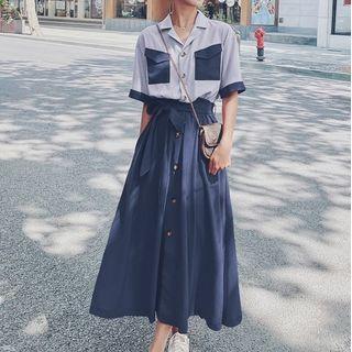 Short-sleeve Two-tone Midi Shirtdress