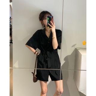 Collared Short-sleeve Tie-waist Playsuit / Jumpsuit