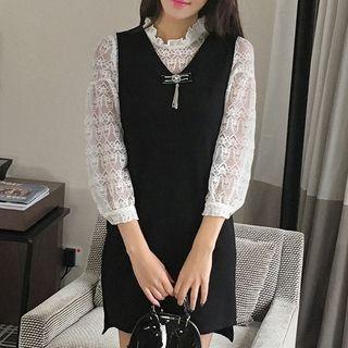 Set: 3/4-sleeve Lace Top + Sleeveless A-line Dress