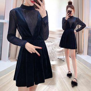 Set: Mock Neck Long-sleeve Top + Suspender A-line Dress