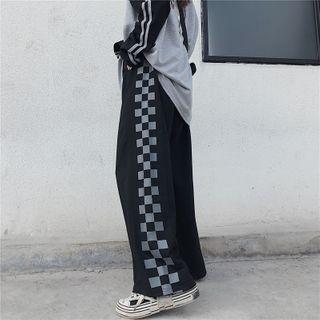 Plaid Detail Wide-leg Jeans