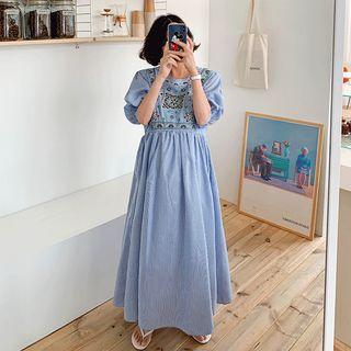 Balloon-sleeve Embroidered Striped Maxi Dress