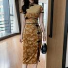 Short-sleeve Floral Velvet Midi Qipao Dress