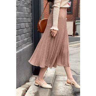Polka Dot Long Accordion-pleat Skirt Beige - One Size